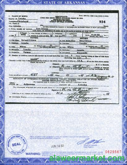 USA Arkansas state birth certificate template in PSD format